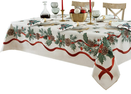Lintex Evergreen Garland Double Ribbon Bordered Christmas Fabric Table Runner, 70 Inch Long, Holly and Pine Cone Print, Easy Care Country Cottage Holiday Runner for Dining and Buffet Tables