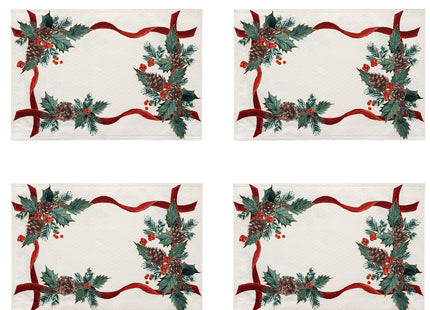 Lintex Evergreen Garland Double Ribbon Bordered Christmas Fabric Table Runner, 70 Inch Long, Holly and Pine Cone Print, Easy Care Country Cottage Holiday Runner for Dining and Buffet Tables
