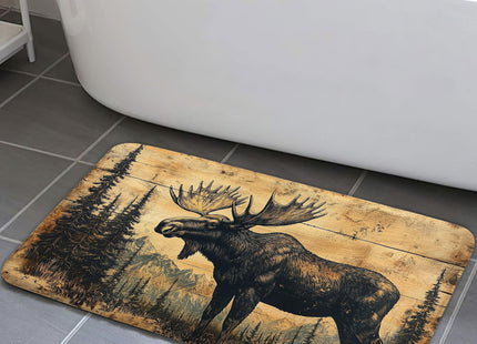 Wathon Wood Plank Moose in Pine Forest Bath Mat Woodcut Aesthetic 17X29IN