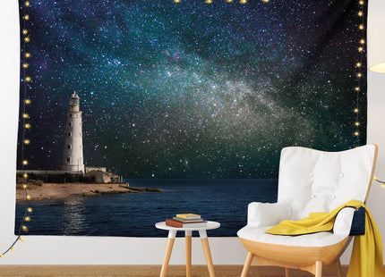 Lunarable Night Sky Tapestry Twin Size, Ocean Sea Scenery Lighthouse Romantic Nebula Cosmos Big Stars View Image, Wall Hanging Bedspread Bed Cover Wall Decor, Twin Size, White Blue