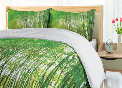 Ambesonne Woodland Duvet Cover Set, Tall Trees Forest Natural Botanical Garden Scenery Landscape Print, Decorative 3 Piece Bedding Set with 2 Pillow Shams, King Size, Yellow Olive
