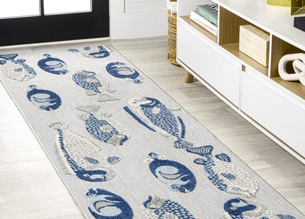 Eyely Fish High-Low Runner Rug 2X8 Gray/Navy, Nautical Indoor Outdoor Rug