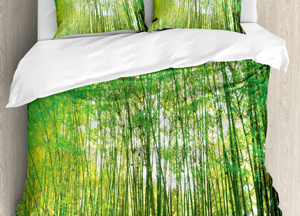Ambesonne Woodland Duvet Cover Set, Tall Trees Forest Natural Botanical Garden Scenery Landscape Print, Decorative 3 Piece Bedding Set with 2 Pillow Shams, King Size, Yellow Olive
