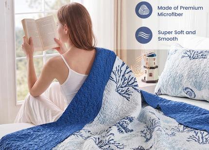 Qucover Coastal Quilt Sets King Size 106x98in, Reversible Microfiber Quilts with 2 Shams Soft Lightweight Beach Bedding Bedspread Coverlet Summer Comforter Set for All Season, Navy Blue