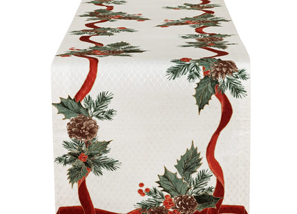 Lintex Evergreen Garland Double Ribbon Bordered Christmas Fabric Tablecloth, 70 Inch Round, Holly and Pine Cone Holiday Print, Easy Care Country Cottage Christmas Table Cover
