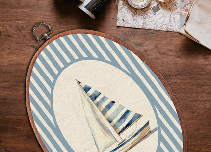 Vintage Sailboat Nursery Oval Wall Art Framed, Blue Striped Framed Canvas