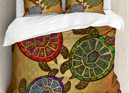 Ambesonne Turtle Duvet Cover Set, 3 Ocean Turtles Ethic Style Animals Geometric Vibrant Ocean Theme Artwork Print, Decorative 3 Piece Bedding Set with 2 Pillow Shams, Queen Size, Brown Green