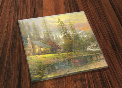 Thomas Kinkade Mountain Scenes Mountain Cabin Sunset 4 x 4 Coaster Set