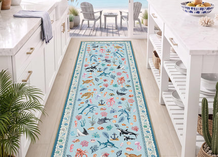 Arenarug Coastal Runner Rug 2x6 Washable Kitchen Runner Rug, Coastal Blue