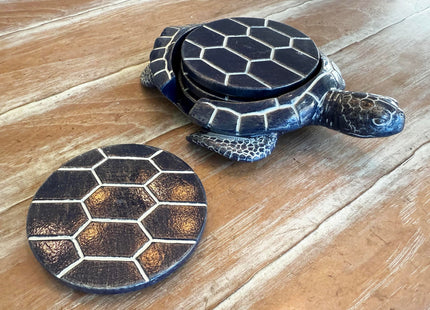 Sea Turtle Coaster Set - Coastal Ocean Beach Decor - Rustic Nautical Navy Blue and White Finish
