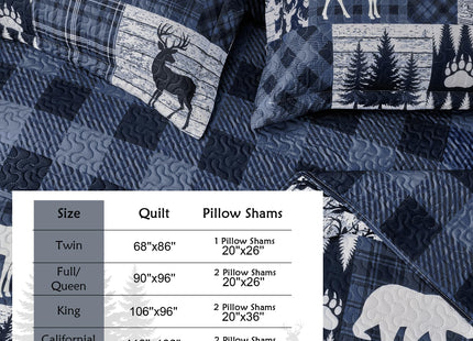 2 Piece Cabin Quilt Sets Twin Size Farmhouse Rustic Reversible Microfiber Soft Lightweight Bedspread Comforter with 1 Sham Patchwork Country Lodge Bedding Quilts Set for All Season, 68''x86'', Blue
