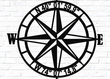 Nautical Compass Rose Metal Wall Art with GPS Coordinates
