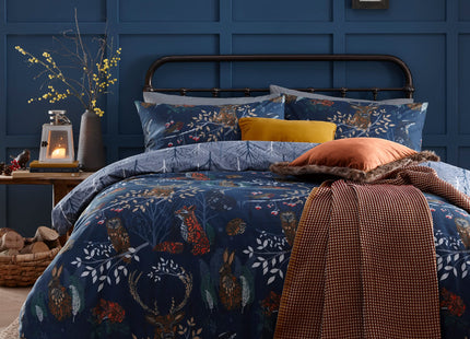 Woodland Duvet Cover Set with Forest Fauna Print in Navy by Furn