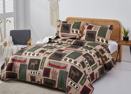 3-Piece Moose Pine Tree Reversible Quilt Set, Rustic Home Lodge Red Boat Black Bear Paws Eagle The Wilds Quilted Bedspread Coverlet Bedding Set, Lightweight Breathable for All Season (King, Red Boat)