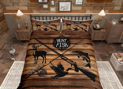 Castle Fairy Rustic Farmhouse Duvet Cover Queen Size,Animal Hunting Brown Wooden Barn Board Bedding Set for Men Adult, Deer Mallard Fish Lodge Decor Comforter Cover with 2 Pillowcases (No Comforter)