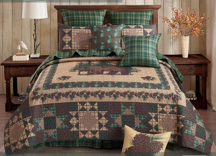 Virah Bella Bear Pines 3-Piece King Quilt Set - Reversible Rustic Cabin Bedding with 2 King Pillow Shams - Soft Woodland Forest Lodge Quilt Coverlet, 105" x 95", Brown and Green Plaid