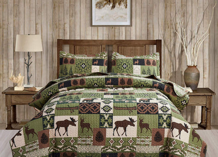 Ycosy Rustic Lodge Quilt Set Moose Elk Bedspread King Size Forest Bear Deer Quilt Matcha Green Reversible Festive Cabin Coverlets Farmhouse Decor Bed Cover Sets with 2 Pillow Shams