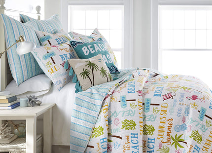 Levtex Home homThreads Beach Days Quilt Set - Twin/Twin XL Quilt (68x86in) + One Standard Pillow Sham (26x20in) - Coastal Beach - Teal Blue Yellow Green Brown Pink - Reversible - Cotton/Polyester