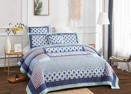 DaDa Bedding Mediterranean Minty Blue Cotton Patchwork Bedspread Set - Mid Century Nautical Breezy Ocean Waves Sea Shell - Navy Lavender Bright Colorful Coverlet Bedding - Queen - 3-Pieces