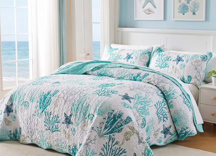 Qucover Coastal Quilt King Size 98"x106", Ocean Beach Themed Bedding with Seashell Coral Pattern, Soft Lightweight Reversible Microfiber Bedspread, Nautical Coverlet for Summer, Teal Green