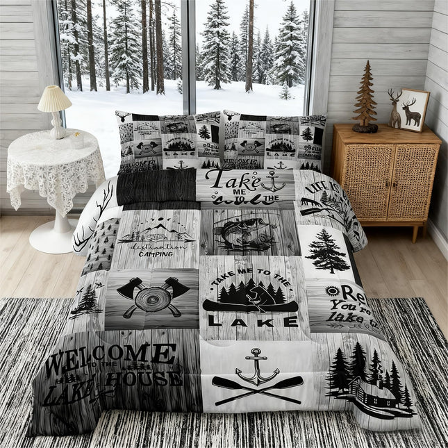 Lake Life Comforter Set Queen Size,Camping Fishing Quilt Set Bear Anchor Pine Print Grid Bedding Set Kids Boys Men Adult Rustic Cabin Room Decor Grey Retro Patchwork Plaid Duvet Insert 3Pcs