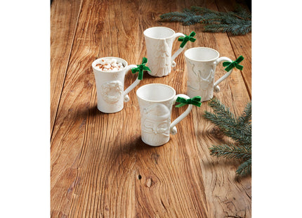 Mud Pie White Christmas Reindeer Mug, Embossed Stoneware Mug, 12 Ounce