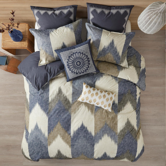 Ink+Ivy Queen Size Comforter Set, Cozy Cotton Comforter, All Season, Lightweight Comforter Queen Bed Set with 2 Matching Shams, Modern Cabin Lodge Ikat Chevron Design, Navy Full/Queen 3 Piece