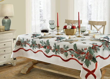 Lintex Evergreen Garland Double Ribbon Bordered Christmas Fabric Table Runner, 70 Inch Long, Holly and Pine Cone Print, Easy Care Country Cottage Holiday Runner for Dining and Buffet Tables