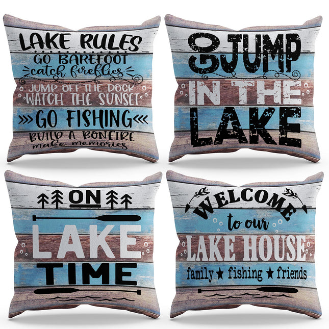 BXFAHZJ Lake Rules Welcome to Our Lake House Throw Pillow Cover Pillowcase 18x18 Inch Set of 4 Lake Cabin Decor for Lake Paddle Lake Porch Bench Lake House Room Bed Sofa, Lake Theme Room Decor
