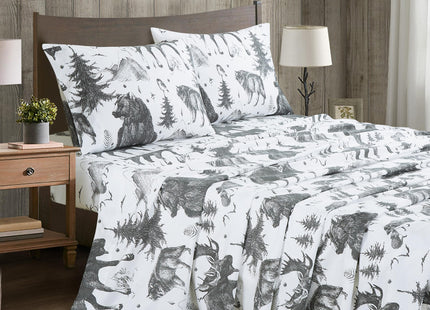 Chezmoi Collection 3-Piece Lodge Sheet Set Twin XL Size - White Gray Black Grizzly Bear Wolves Moose Pine Tree Mountain Printed Brushed Microfiber Lightweight Breathable Deep Pocket Bed Sheets