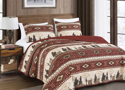 WPM World Products MART Western Beige/Burgundy Cowboy Desert Southwestern Print Bedspread 3 Piece west Theme Cabin Lodge Ranch Design Coverlet Quilt Set-Kadence 22366 (Spice, Queen)