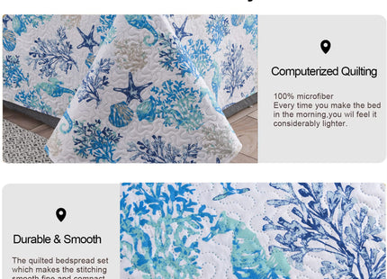 Queen Size Coastal Quilt Bedspread - Lightweight Summer Bedding with Starfish, Shell, Seahorse Design - Reversible, Home Ocean Quilt Collection