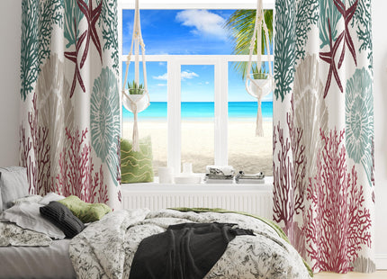 Llylumty Coastal Window Curtains Grommet Drapes Nautical Ocean Beach Sea Shells Starfish Themed Window Curtains,Grommet Blackout Curtain for Living Room Kitchen,Red Green 42x45in