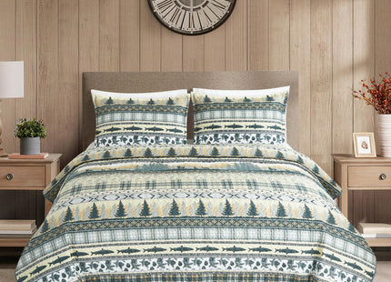 Chezmoi Collection Lake 3-Piece Lodge Quilt Set King - Multicolor Pine Tree Fish Deer Explorer Mountain Printed Microfiber Lightweight Bedspread Set for All Season