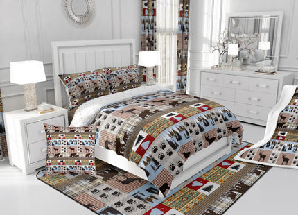 Rustic Patchwork Bedding Set Checkered Buffalo Plaid Quilt Twin for Kids Teens Adult,Woodland Wildlife Bear Moose Elk Comforter Set Animal Paw Print Lattice Grid Duvet Insert,Farmhouse Decor