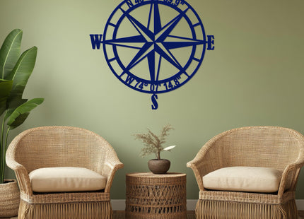 Nautical Compass Rose Metal Wall Art with GPS Coordinates