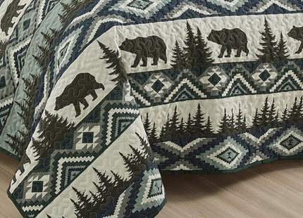 ESCA Farmhouse Rustic Lodge Cottage Boho Brown Bedspread Set Queen Size 3-Piece Log Cabin Brown Bear Quilt