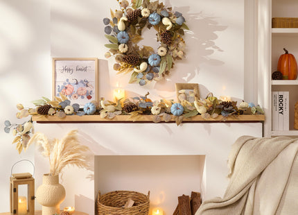 DecorbyHannah 6ft Fall Garland for Mantle with Lights, Pumpkin, Pinecone