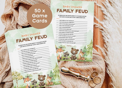 50 Baby Shower Family Feud Game Cards, Woodland Baby Shower Games Activity for Girl or Boy, Gender Neutral, Woodland Theme