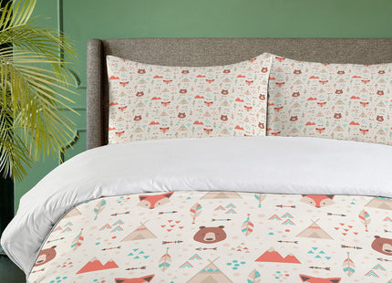 Ambesonne Tribal Duvet Cover Set, Prehistoric Fox Arrows Bear Lodge Houses Feather Graphic, Decorative 3 Piece Bedding Set with 2 Pillow Shams, King Size, Salmon Amber White