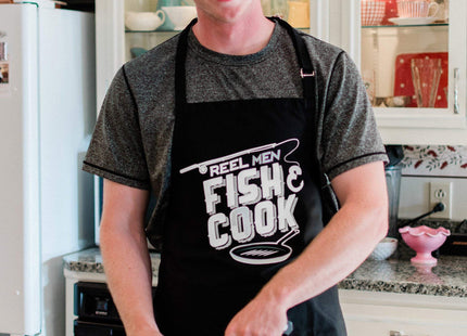 ApronMen - Aprons - Fishing Themed Men’s Grilling Aprons - Utility Pockets - One Size Fits Most - Adjustable Neck Strap - Machine Washable - Reel Men Fish & Cook