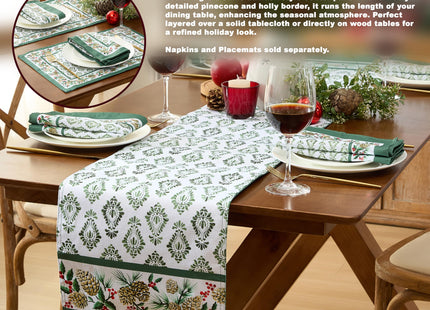 Newbridge Christmas Holly Pinecone Border 60 x 84 Inch Rectangle Fabric Tablecloth, Holiday Hunter Green Border on White Background Fabric Table Cover for Dinner Party and Banquet