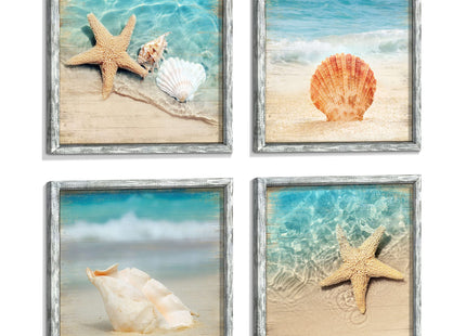Beach Pictures Framed Wall Art: Seascape Artwork Set of 4 Seashell & Starfish Pictures Prints on Wood Ocean Wall Decor for Bedroom