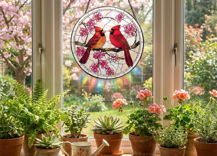 Cardinal Suncatcher, 7.8 Inch Cardinal and Cherry Blossom Flower Stained Glass Suncatcher for Window Hanging Bird Sun Catchers Red Cardinal Gifts for Women