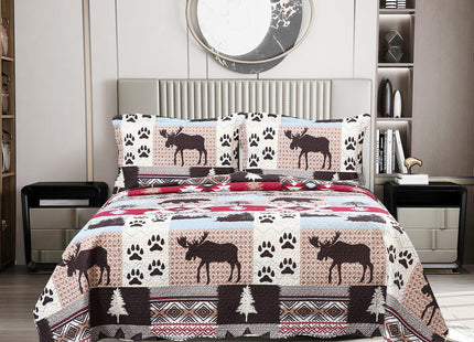 Marina Decoration Rich Printed Embossed Pinsonic Coverlet Bedspread Ultra Soft 3 Piece Summer Quilt Set with 2 Quilted Shams, Cabin Moose Bear Pattern King Size