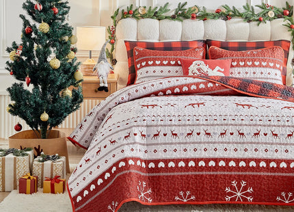 Christmas Quilt Set King Size 101x88 - White Stripes Red Deer Snowflake Cubes Gray Heart with Red Plaid - Xmas New Year Gingham Style Microfiber Winter Bedding Coverlet Thanksgiving Holiday Bedspread