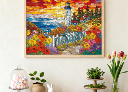 Puzzles for Adults 1000 Pieces Stained-Glass Lighthouse, Sunset Coastal Lighthouse Adults Puzzles Flowers Bike Letter on Back No Dust, Matte Finish Seaside Jigsaw Puzzles Home Decor, Gifts Games