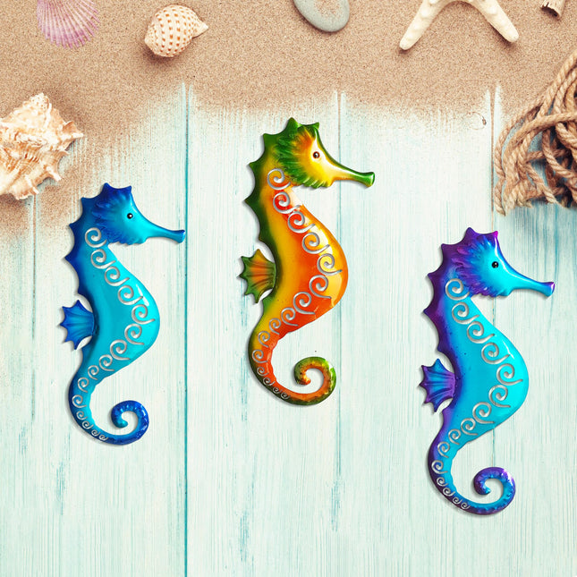 POXOH Metal Seahorse Wall Decor Set of 3 - Coastal Sea Life Ocean Theme Indoor/Outdoor Hanging Hollow Art for Bathroom, Garden, Poolside, Patio, Porch & Fence Decorations