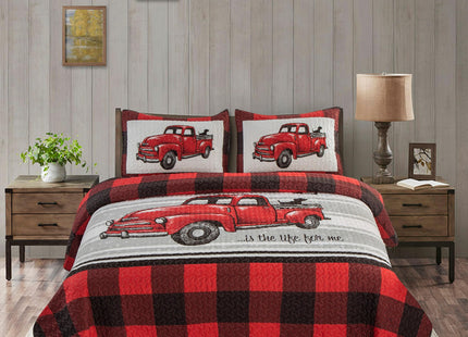 Virah Bella 3 Piece King Cabin Quilt Bedding Set - Farm Life - Red & Black Plaid - Rustic Country Reversible Patchwork Comforter Set with Decorative Pillow Shams