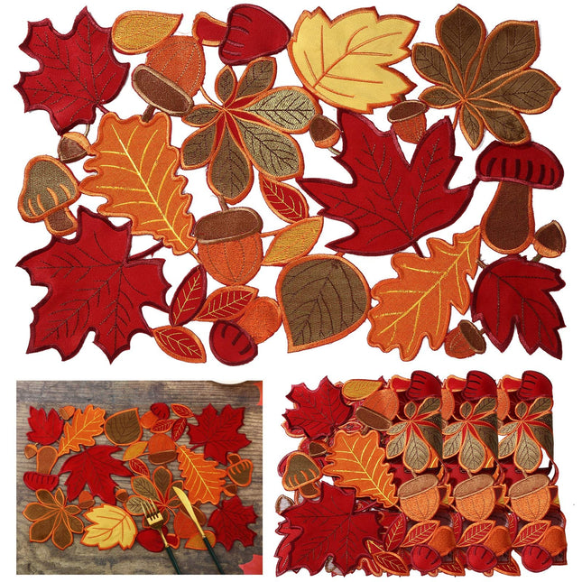Fall Placemats Set of 6 Thanksgiving Embroidered Maple Table Mat, 11x17 in